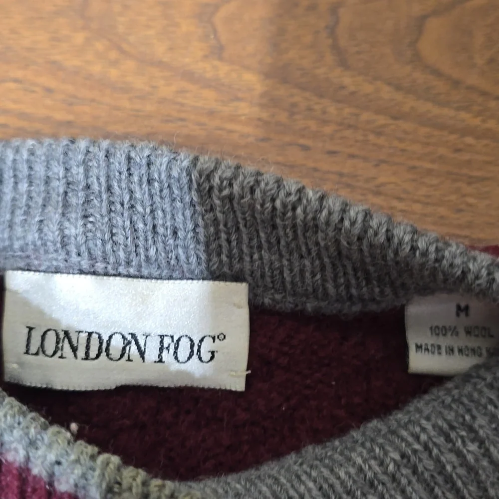 London Fog Wool Colorblock Sweater M | Vintage Blue Maroon White Gray